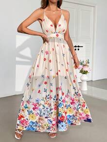 SHEIN Privé Women Elegant Romantic Printed V-Neck Sundress Positioning Printing Sexy Backless Off Shoulder Spaghetti Straps With Crossed Straps And Backless Design Loose Large A-Hem Dress For Parties, Music Festival, Graduation Season, On Vacation, Wedding - Multicolor - View 8