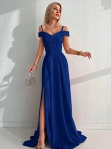 Cold Shoulder Split Thigh Dress - Blue - View 5