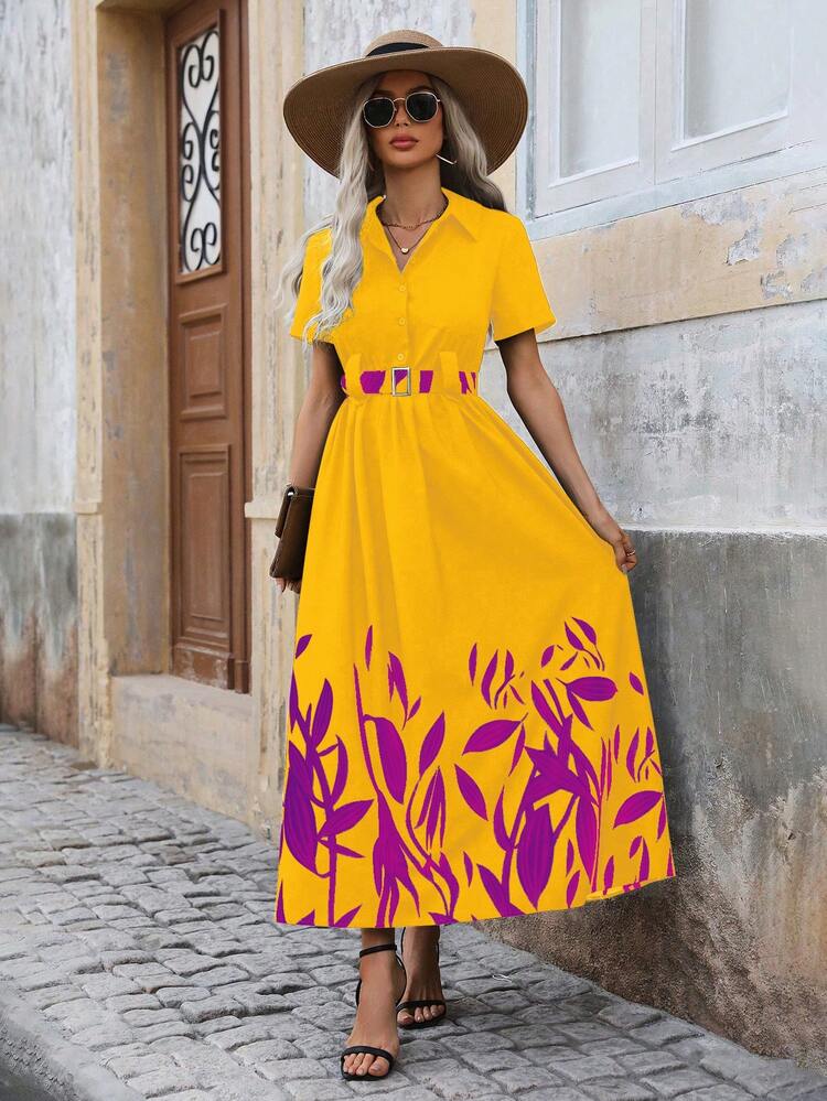 Allover Print Front Buttoned Short Sleeve Dress With Lapel, Summer