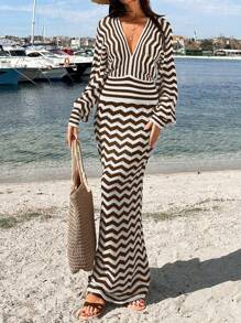 RueChic Women Long Sleeve Striped V-Neck Long Crochet Cover Up Dress, For Summer Beach Vacation - Beige - View 4