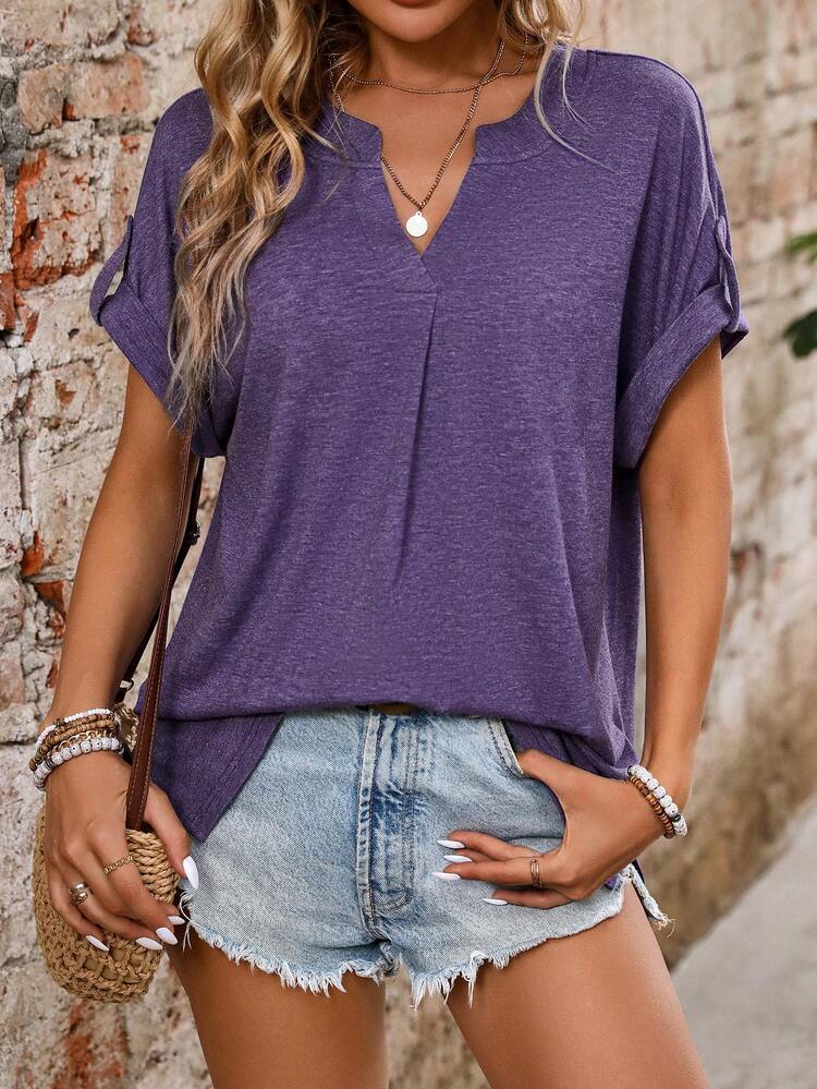 Women's Summer Solid Color Notched V-Neck Batwing Short Sleeve Casual T-Shirt