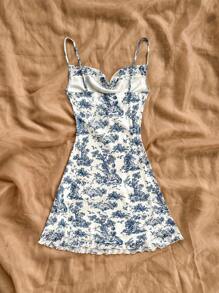 Soleia Women White Ground Blue Flower Print Beach Mini Dress With Open Neckline, Suitable For Tea Party & Graduation Season - Blue and White - View 2