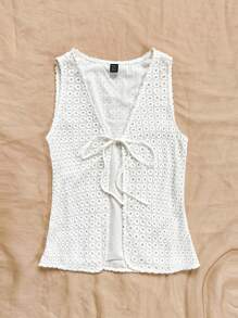 Soleia Women's White Summer Boho Vacation Holiday Sleeveless Vest,Hollow Texture Water-Soluble Embroidery Loose Fit Beach Casual Party Garden Tea Top - White - View 3