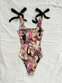 Soleia WYWH Women's Resort Beach Casual Plant & Bird Printed Shoulder Strap Tie-Front Bodysuit