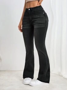 SHEIN Tall Pantalones vaqueros acampanados casuales para mujer con parches, agujeros rasgados y dobladillo deshilachado - Negro - Ver 3
