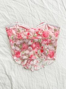 Soleia Women's Vacation Lace Tie-Front Floral Print Asymmetrical Hem Bandeau Top,Ladies Slim Fit Multicolor Women Tops,Spring/Summer,Casual Daily Wear - Multicolor - View 2