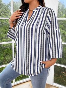 SHEIN Unity 女裝加大尺碼垂直條紋簡約日常襯衫 - 藍色 - 查看 4