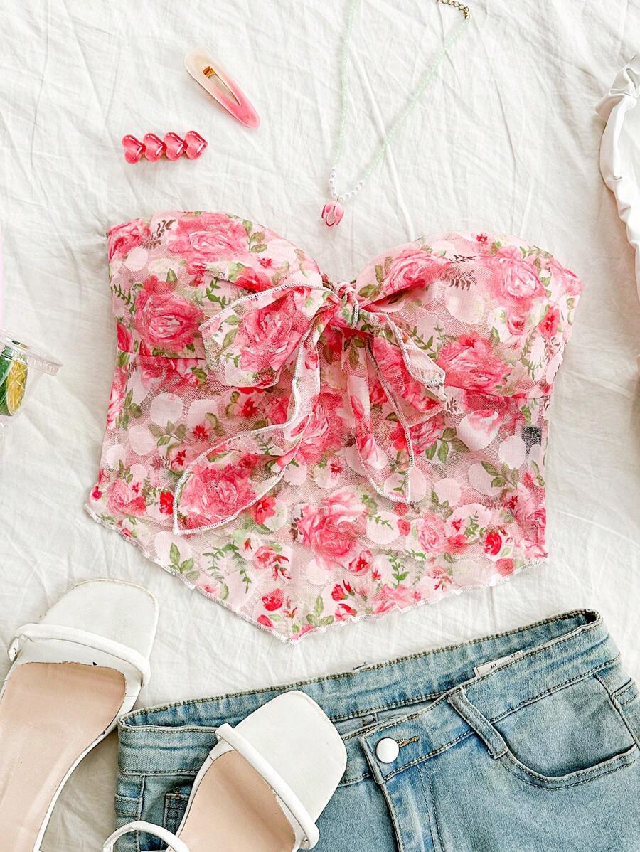 Soleia Women's Vacation Lace Tie-Front Floral Print Asymmetrical Hem Bandeau Top,Ladies Slim Fit Multicolor Women Tops,Spring/Summer,Casual Daily Wear - Multicolor - View 1