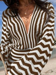 RueChic Women Long Sleeve Striped V-Neck Long Crochet Cover Up Dress, For Summer Beach Vacation - Beige - View 3