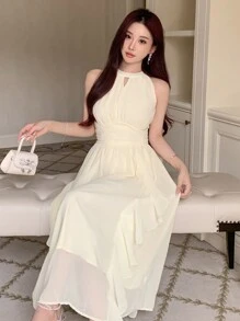 DAZY Vestido de verano de línea A con cuello halter y volantes de unicolor, ideal para cumpleaños, Año Nuevo y bailes de graduación