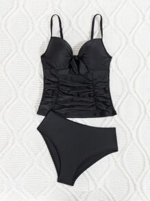 SHEIN Swim Women's Solid Color Ruched Tankini Set With Underwire Push Up Bra Cups Summer - Black - View 6