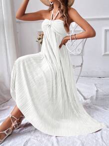 SHEIN VCAY 褶皺露背扭結連衣裙 - 白色 - 查看 1