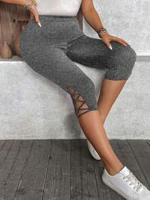 SHEIN LUNE Leggings capri negros de talla grande para mujer, verano - Gris - Ver 3