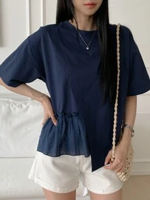 DAZY Camiseta casual de verano para mujer con mangas cortas estampadas y dobladillo de malla en unicolor - Azul Marino - Ver 3