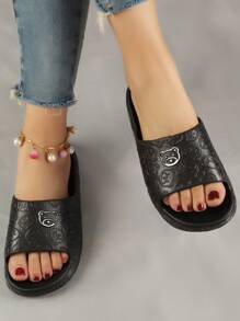 Women's Cartoon Bear Plastic Slippers, Summer Indoor Bathroom Shower Slippers, Black