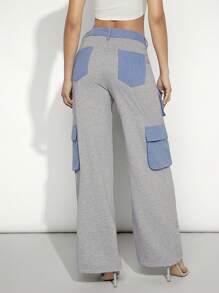 Denimoi Khối màu Túi có nắp Quần ống rộng - Xám - Xem 2