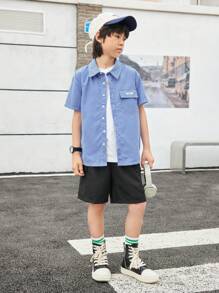 SHEIN 2pcs/Set Tween Boy Casual Striped Shirt And Shorts, Korean Style, Summer - Black - View 3