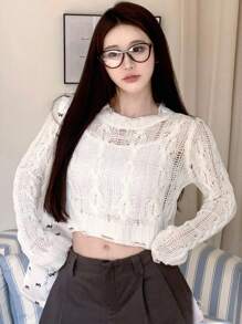 DAZY Women's Solid Color Round Neck Casual Daily Long Sleeve Sweater Summer Sheer,Fall Women Clothes