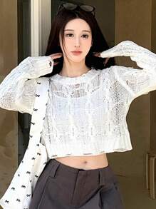 DAZY Women's Solid Color Round Neck Casual Daily Long Sleeve Sweater Summer Sheer,Fall Women Clothes