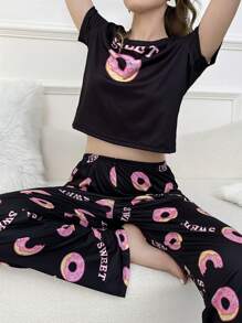 Conjunto de pijama de manga corta y pantalón largo con estampado de rosquilla de dibujos animados para primavera/verano