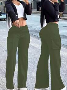 SHEIN Unity Einfarbige lässige Schlaghose mit Taschen für Fracht