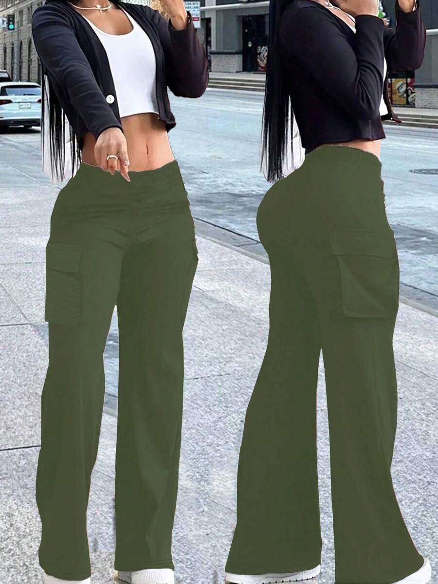 SHEIN Unity Einfarbige lässige Schlaghose mit Taschen für Fracht