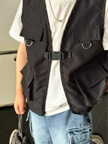 SHEIN Genkimix Kids 3入組男童休閒街頭風格背心、口袋帶扣牛仔褲及純色圓領T恤，適用於春夏季節，日常穿著、學校和戶外活動以及時髦打扮 - 彩色 - 查看 4