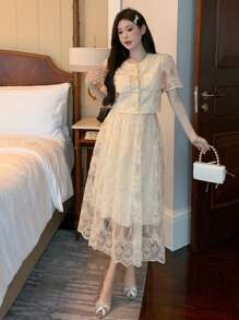 DAZY 春夏女士优雅派对蕾丝随意剪裁连衣裙舞会礼服太阳裙 - 米色 - 查看 4