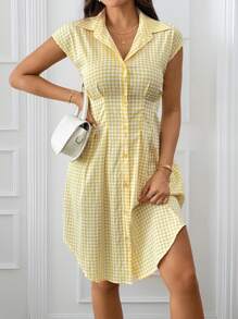 SHEIN Privé Robe chemise à carreaux jaunes pour femmes, décontractée et élégante avec ceinture, pour tous les jours, plage, rendez-vous ou pique-nique - Jaune citron - Voir 7