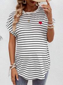 SHEIN Letnia koszulka ciążowa w paski, luźna, luźna koszulka z krótkim rękawem i okrągłym dekoltem w kształcie skrzydła nietoperza