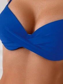 SHEIN Swim Bộ bikini màu trơn phía trước gợi cảm dành cho nữ cho kỳ nghỉ - Xanh đậm - Xem 4