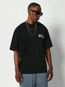 SUMWON 常规版型泡泡背图案印花短袖 T 恤 - 黑色 - 查看 2