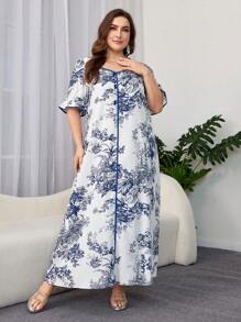 Al Najma Plus Size Summer Elegant Plant Printed Ruffle Sleeve Long Dress - Multicolor - View 5