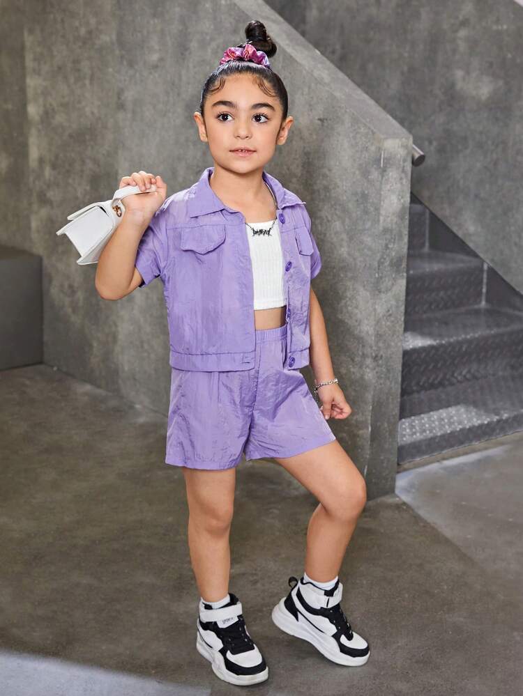 Young Girl Purple Street Cool Workwear Shirt And Shorts Casual Outfit