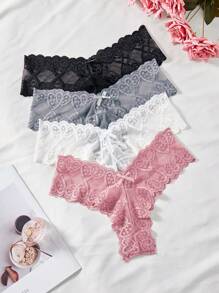 4pcs Women Romantic Lace Bow Decor Thongs Lingerie Bow Tie, Sexy - Multicolor - View 1