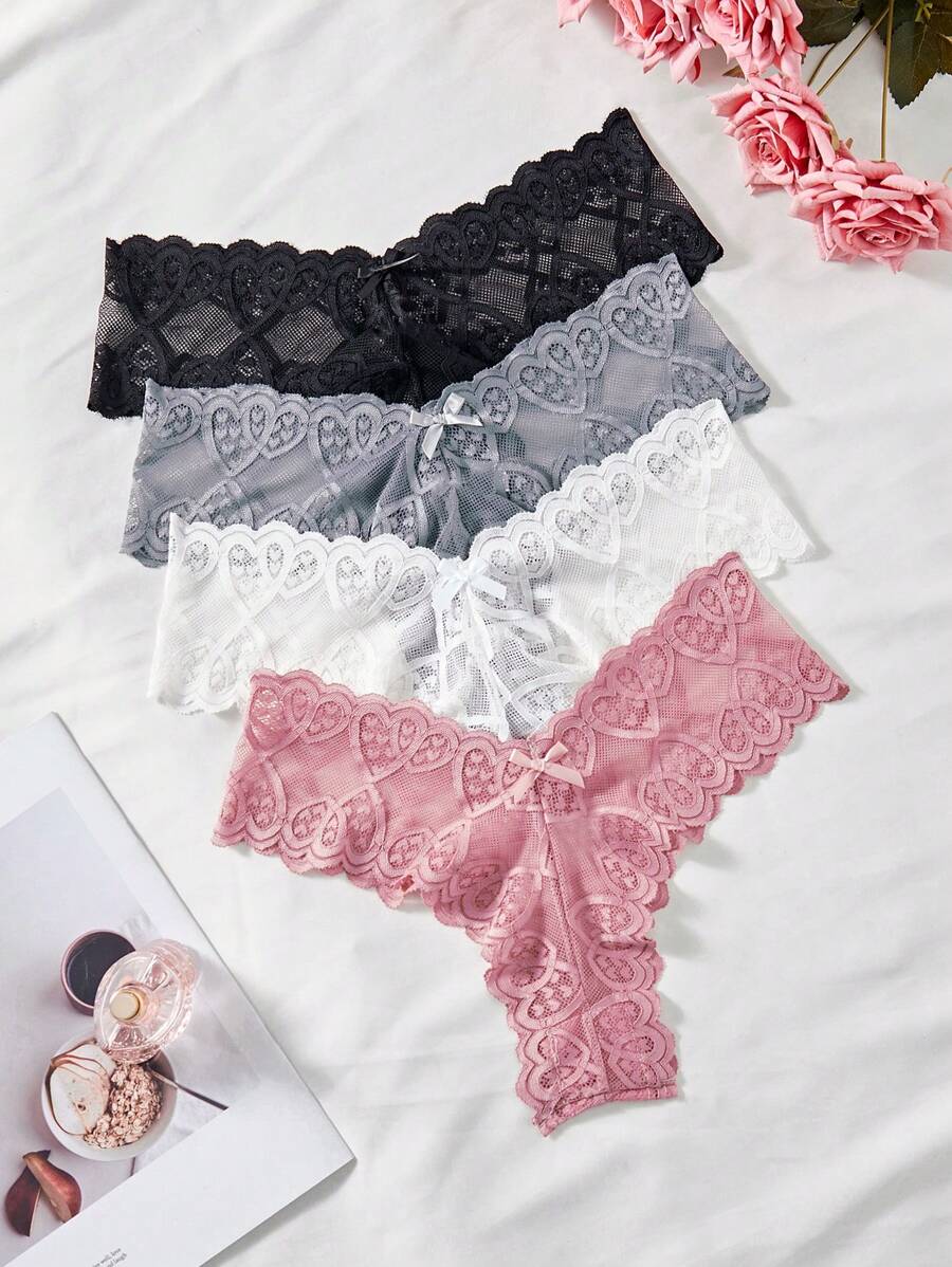 4pcs Women Romantic Lace Bow Decor Thongs Lingerie Bow Tie, Sexy - Multicolor - View 1
