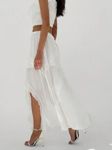 SHEIN Privé Plus Size Casual White Elastic Drawstring Waist Skirt With Split Hem And Ruffled Edges, Perfect For Everyday Wear And Summer Vacation Outfits - White - View 12