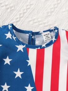 Baby Girl 4th Of July Outfit Star & Striped Printed Round Neck Top With Ruffled Sleeve For Casual Spring Summer - Blue - View 6