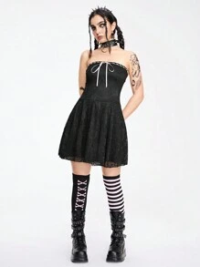 ROMWE Goth 性感純淨誘惑派對蕾絲蝴蝶結腰帶A字裙女裝 - 黑色 - 查看 5