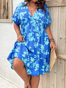 Breezaya Plus Size Boho Bloemenprint Vleermuismouwen Vakantie Casual Jurk, Voor De Zomer