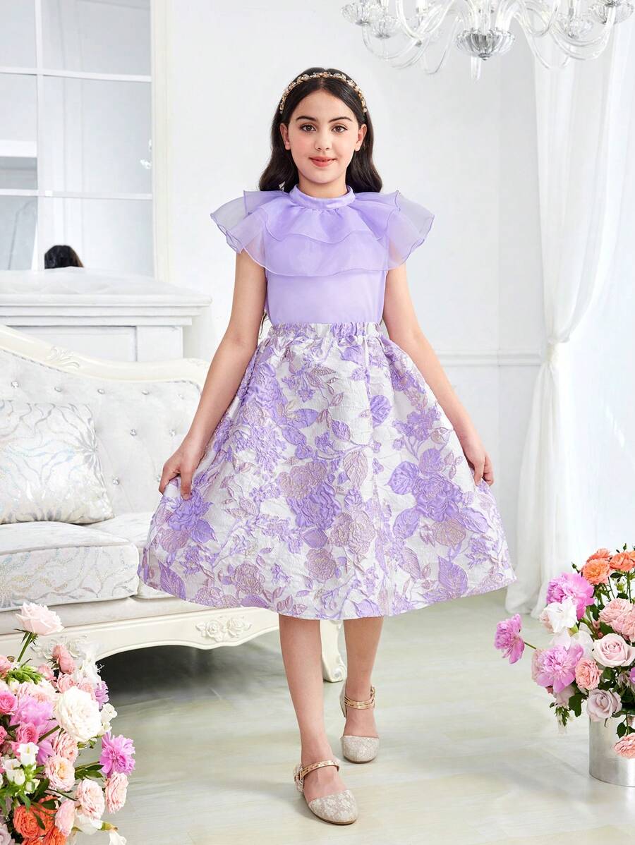 SHEIN Conjunto de 2 piezas de niña preadolescente que incluye blusa sin mangas con cuello alto y falda con dobladillo de volantes - Morado - Ver 1
