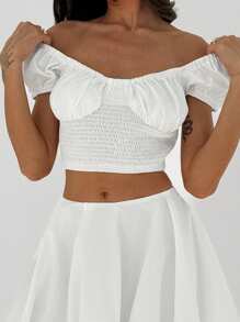 Aloruh Women's Crop Sleeve Square-Necked Puff Sleeve Crop White Shirt For A Romantic Date - White - View 6