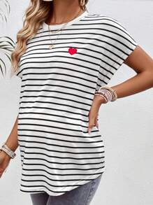 SHEIN Letnia koszulka ciążowa w paski, luźna, luźna koszulka z krótkim rękawem i okrągłym dekoltem w kształcie skrzydła nietoperza
