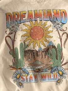 Attitoon Casual Minimalist Cactus Pattern Round Neck Short Sleeve Loose Women T-Shirt, Summer, Containing Cotton - Apricot - View 4