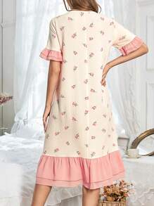 拼色双层荷叶边下摆短袖女士碎花睡裙睡衣长裙 - 彩色 - 查看 2