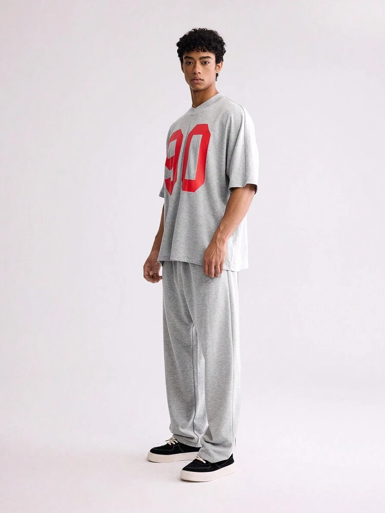 Men's Oversized T-Shirt With V-Neck In Gray With Back Print