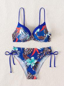 SHEIN Swim Bộ Bikini Đi Biển Kỳ Nghỉ Nữ Nhiệt Đới In Hình Cây Nhiệt Đới Gợi Cảm, Underwire Cup (Họa Tiết Hoa Ngẫu Nhiên) - Màu xanh lam - Xem 5