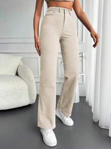 Women Loose Straight-Leg Jeans For Everyday Casual Wear With Pockets - Beige - View 5