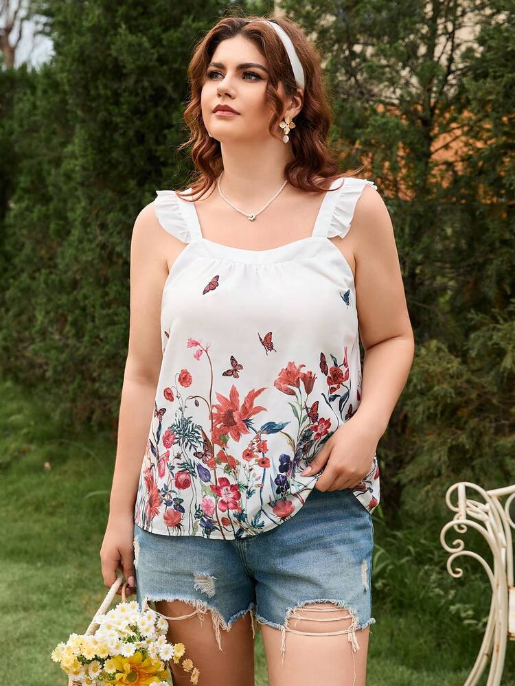 Butterfly & Floral Printed Flutter Sleeve, A-Line, Romantic Casual & Holiday Style Plus Size Women Tops