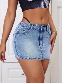 SHEIN ICON Women's Sexy Low Waist Washed Denim Mini Skirt - Medium Wash - View 5